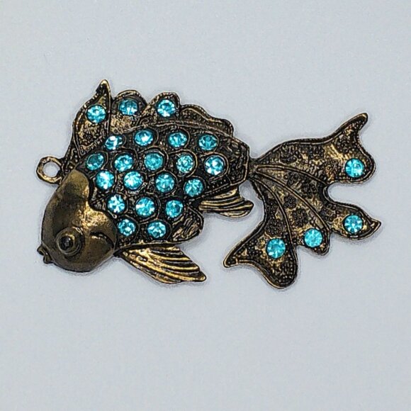 Blue Golden Fish Pendant, gold color, blue rhinestone, shiny crystals details - Picture 1 of 9